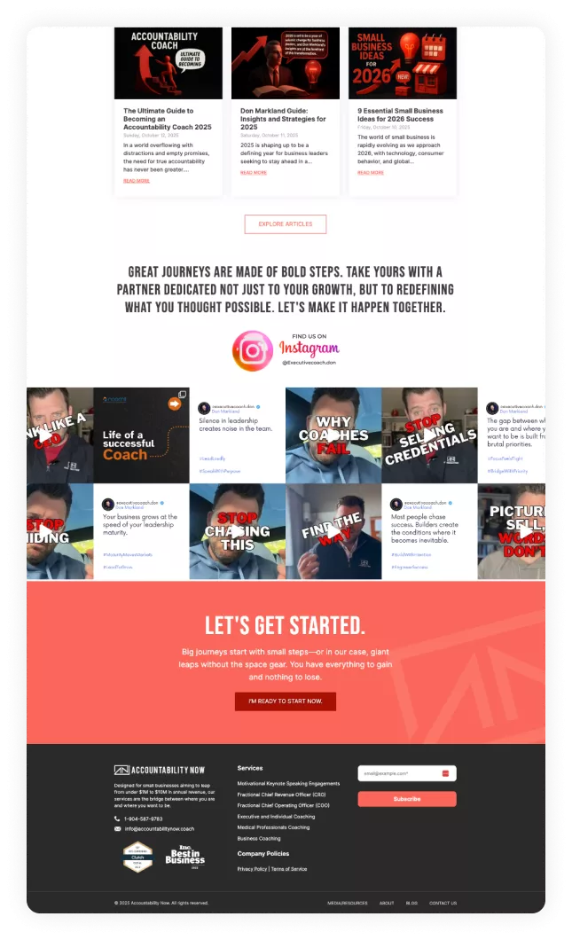 Full-page screenshot of the updated Accountability Now website displaying featured blog articles, Instagram content grid, a strong call-to-action banner, and the website footer with services and contact details.