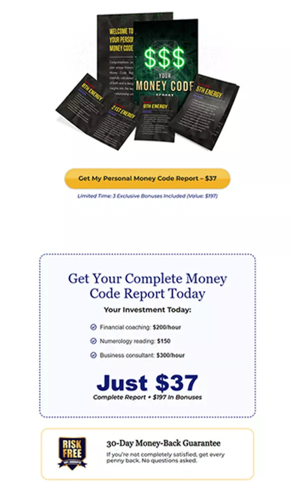 Your Money Code report sales funnel product showcase with pricing breakdown and bonuses, redesigned by CF Funnels for improved conversions.