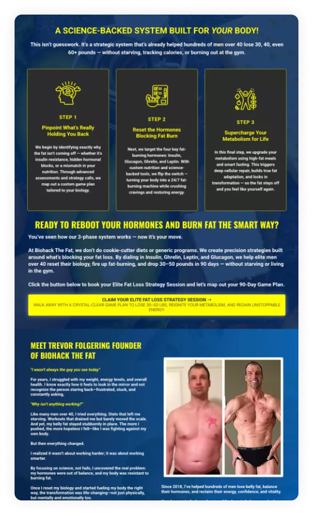 Biohack The Fat funnel section outlining the three-step science-backed weight loss system with hormone reset, metabolism upgrade, and strategy session call-to-action.