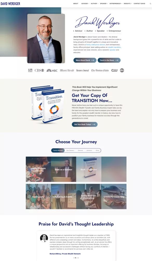 Screenshot of the redesigned David Werdiger website homepage showcasing his advisor, author, and speaker profile, featured media logos, and book promotion for βTransitionβ.