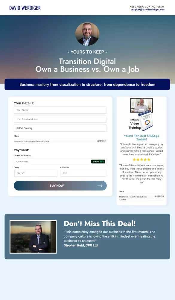 Screenshot of the updated David Werdiger digital course sales page promoting the βMaster in Transition Businessβ program with a checkout form, video training bonus, and testimonial section.