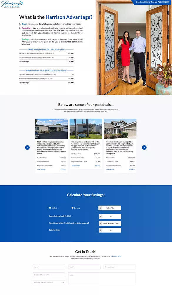 New Harrison Advantage website design showcasing trust-based real estate guidance, husband-and-wife realtor team introduction, past successful home deals gallery, and an interactive commission-savings calculator.