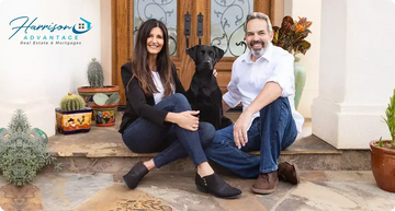 Success story banner for Harrison Advantage featuring the real estate duo with their dog, representing their website and chatbot integration project by CF Funnels.