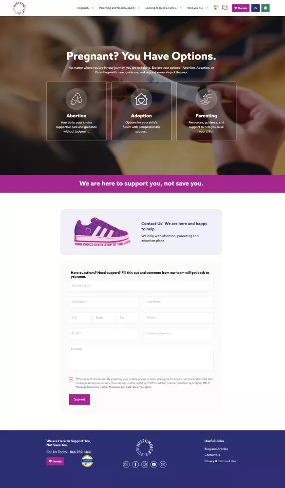 JustChoice redesigned website screenshot showing the βPregnant? You Have Optionsβ page with service options, supportive messaging, and a contact form for pregnancy assistance.