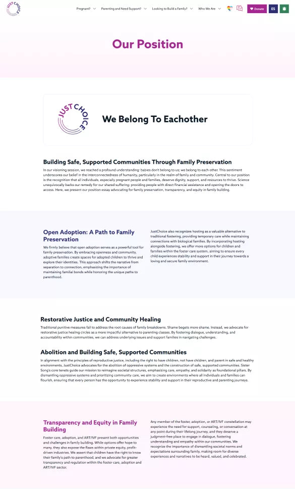 Just Choice βOur Positionβ page showing the organizationβs stance on family preservation, community support, open adoption, restorative justice, and equity in family building.