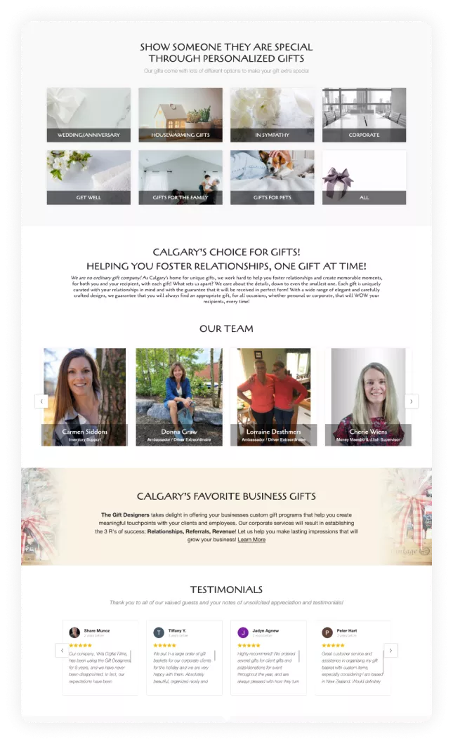 updated gift designers website featuring category-based personalized gifting options, company team showcase, business gifting information, and testimonial carousel created by cf funnels