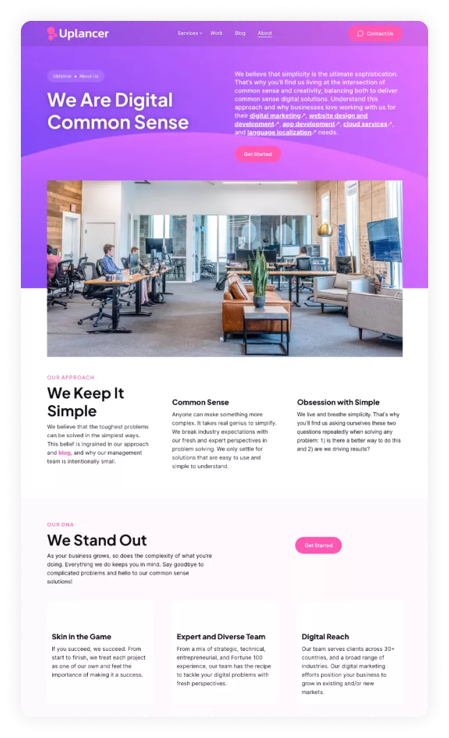 Updated Uplancer website design showcasing the βWe Are Digital Common Senseβ about section, modern office workspace image, and brand messaging focused on simplicity, common-sense digital solutions, and user-friendly problem solving.