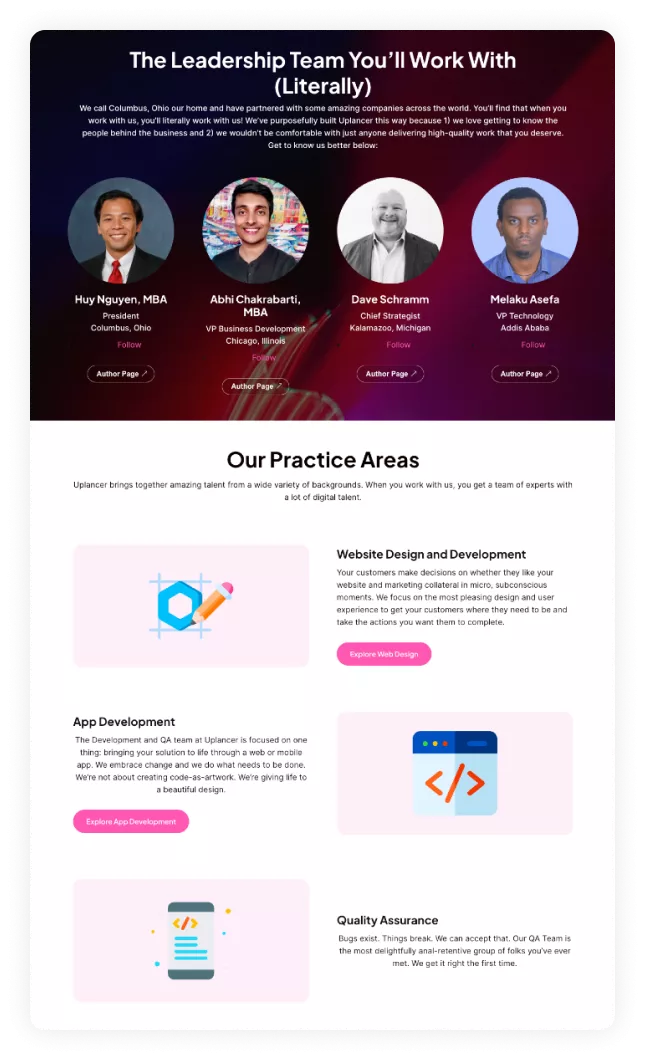 Updated Uplancer leadership and team page featuring executive profiles and expertise areas, followed by redesigned practice sections for web design, app development, and digital solutions.