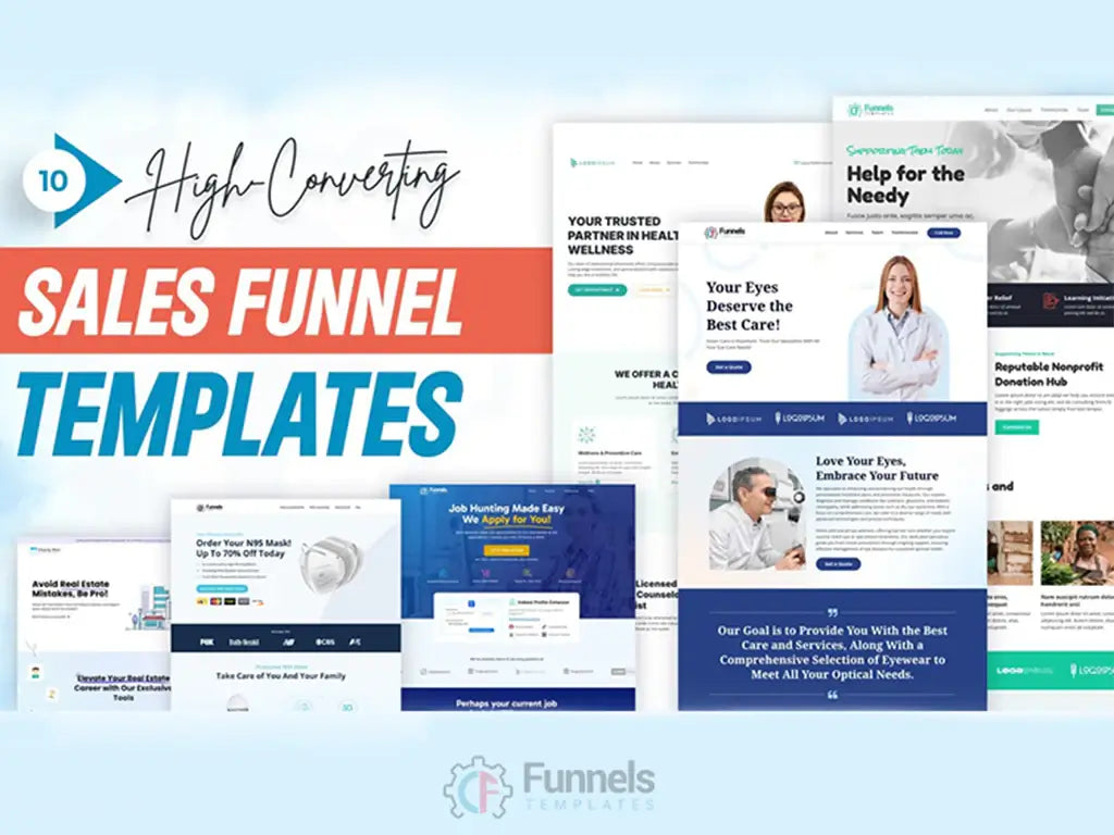Collage of modern sales funnel template previews showcasing designs for healthcare, nonprofits, job portals, real estate, and product offers, with the headline “10 High-Converting Sales Funnel Templates.