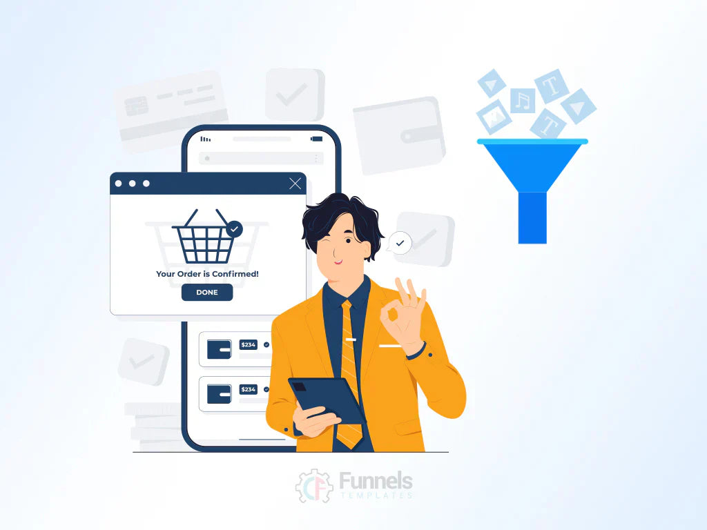 A graphic representing e-commerce funnel hacks, where a customer's confirmed order appears on a smartphone screen, symbolizing the conversion of a browser into a buyer, with a physical funnel sorting through various digital assets.