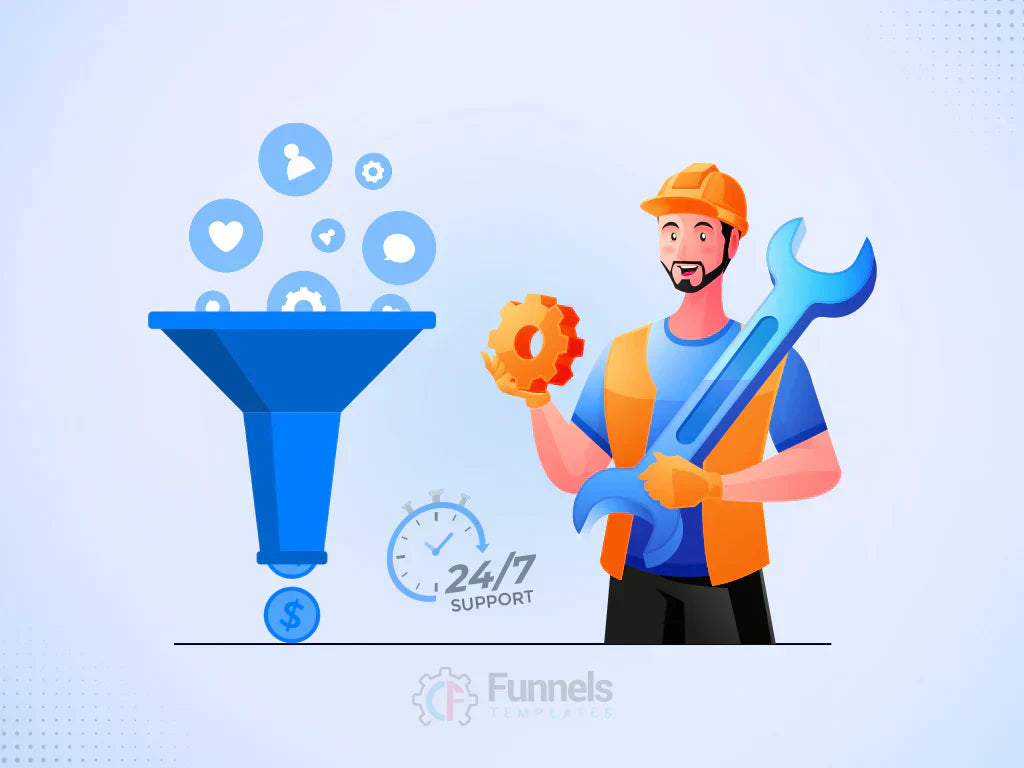 Maintenance worker with wrench and gear providing 24/7 support for digital marketing funnel development and conversion optimization.