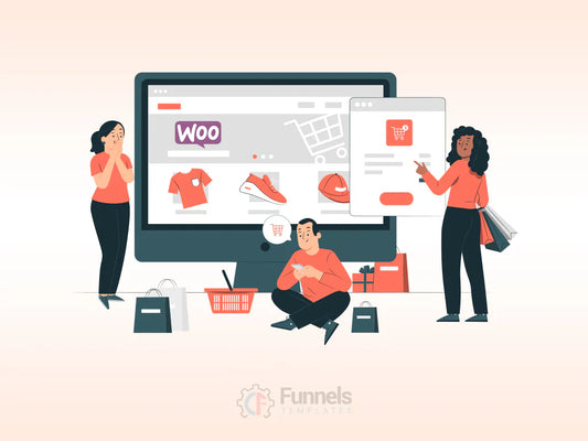 People shopping online on a WooCommerce store displaying products like a t-shirt, shoes, and a hat, with a shopping cart icon.