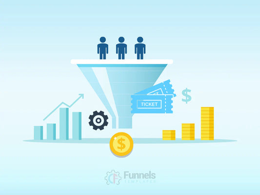 Illustrated graphic demonstrating a high-ticket sales funnel, showing leads (people icons) entering a funnel and converting into a high-value ticket, money, and financial growth (bar charts and gold coins).