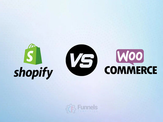 A graphic comparing the leading e-commerce solutions, featuring the Shopify logo (green shopping bag) and the WooCommerce logo, used to illustrate a guide on choosing the right platform for setting up an online store.