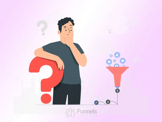 Illustration of a person thinking with a large question mark and a lightbulb representing decision-making before hiring a funnel agency.