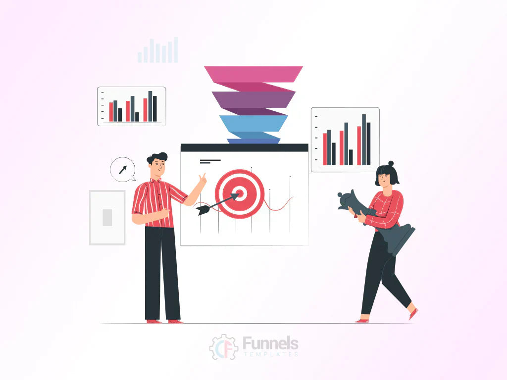 Marketing and sales optimization illustration showing a layered funnel above a target chart with an arrow in the bullseye, representing successful revenue goals. A man points to the target while a woman uses analytics to track performance.