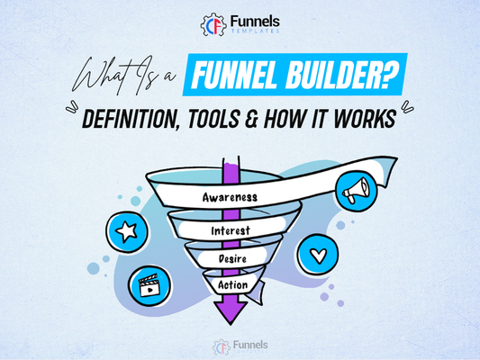 Illustration of a marketing funnel showing four stages: Awareness, Interest, Desire, and Action