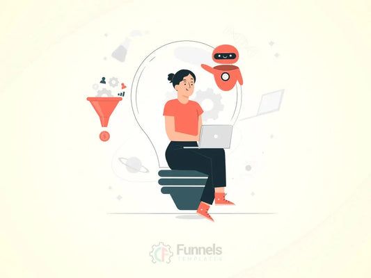 marketer using an AI robot to pour leads into a sales funnel, symbolizing the use of artificial intelligence for maximizing conversions and revenue.