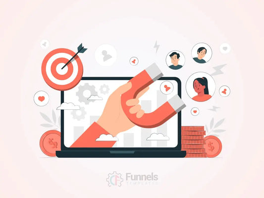 Cartoon illustration of a sales professional aiming a target with a pointer while generating leads on a laptop, symbolizing ready-made funnels for lead generation.