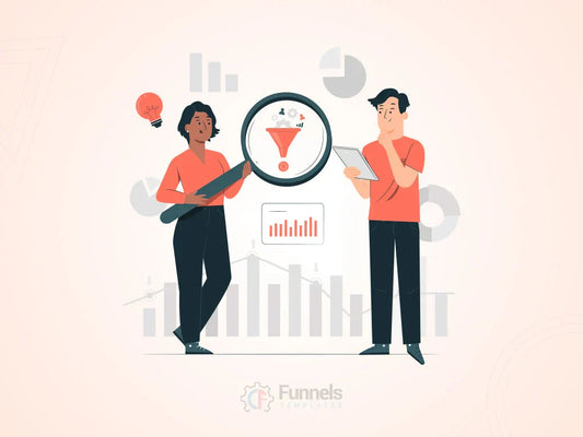 Illustration of a woman presenting a growing bar chart to represent successful businesses using effective sales funnels.