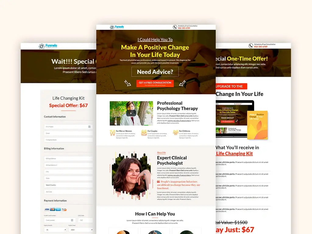 “ClickFunnels template mockups for professional therapists showcasing landing page, consultation booking, and service sections.”