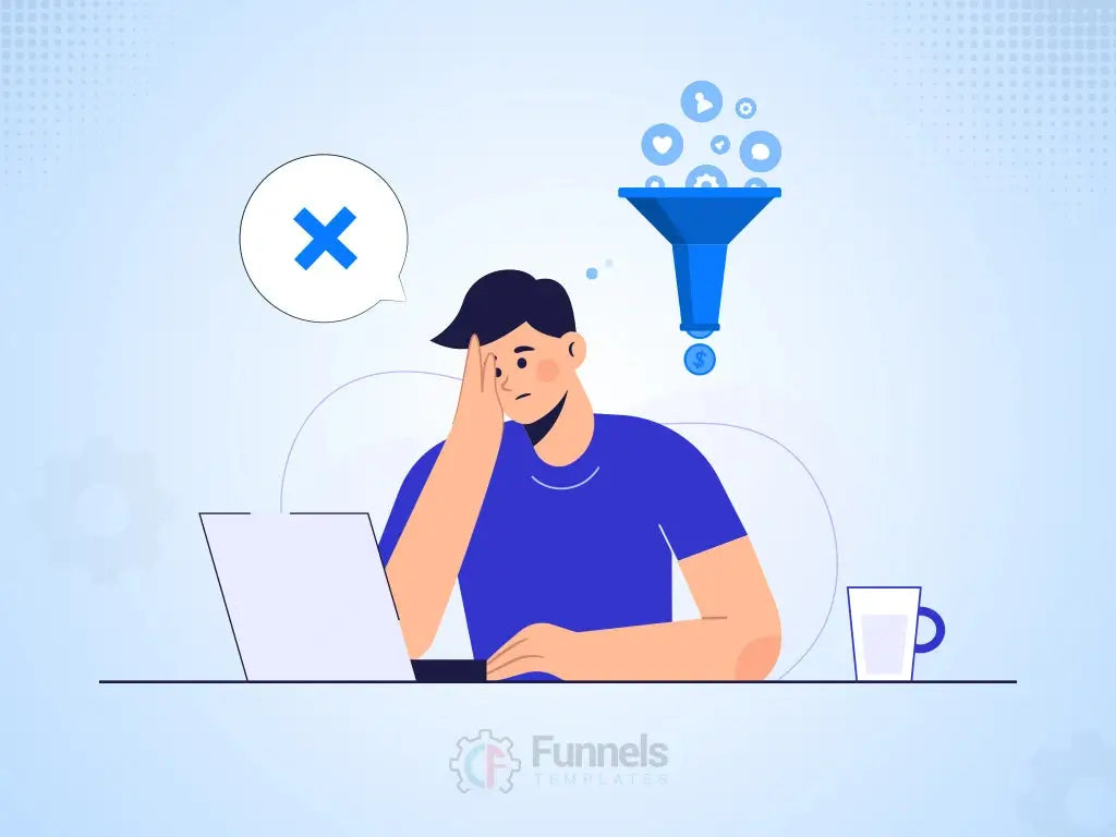 illustration of a confused business person looking into a complex, messy funnel, symbolizing the common mistakes made when choosing a sales funnel strategy.