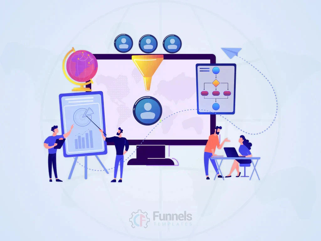 Illustration of a team collaborating around a computer screen, showing a funnel icon, data charts, and a process flowchart, symbolizing sales funnel strategy and analysis.