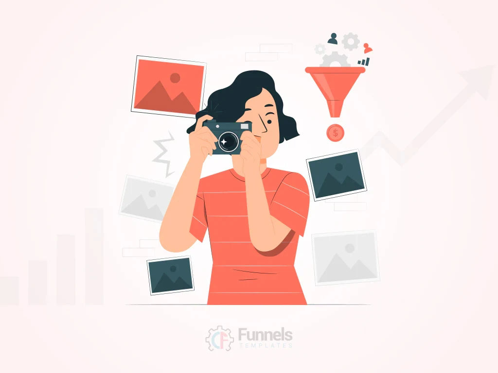 Illustration of a photographer taking a picture, surrounded by photo frames and a small conversion funnel, symbolizing the use of marketing funnels for photography and interior design creative businesses.