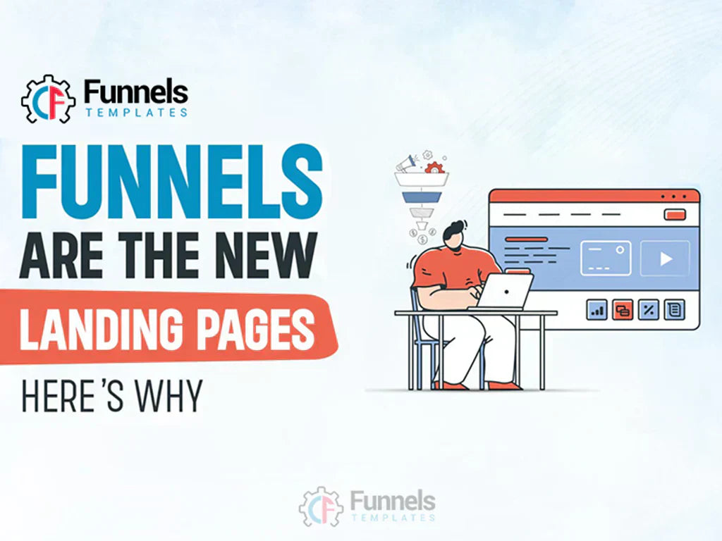 man working on laptop viewing a marketing funnel landing page, with text "Funnels are the new landing pages