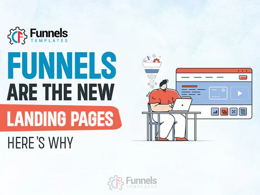 man working on laptop viewing a marketing funnel landing page, with text "Funnels are the new landing pages