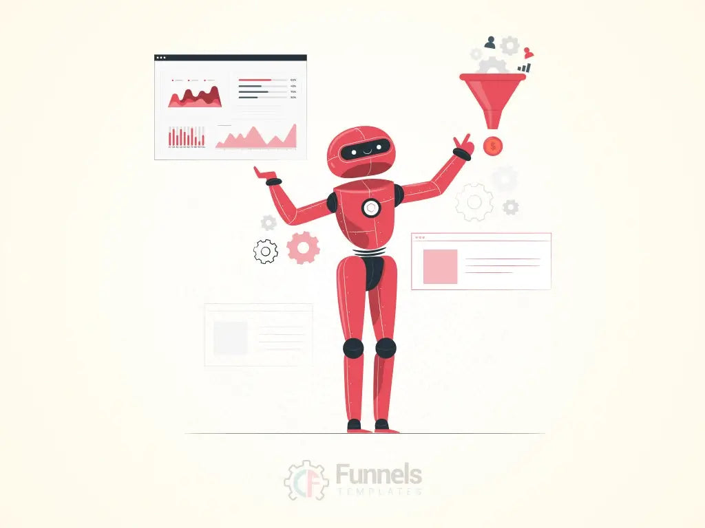 an AI robot holding a funnel and data, symbolizing the role of artificial intelligence in automating and optimizing funnel development.