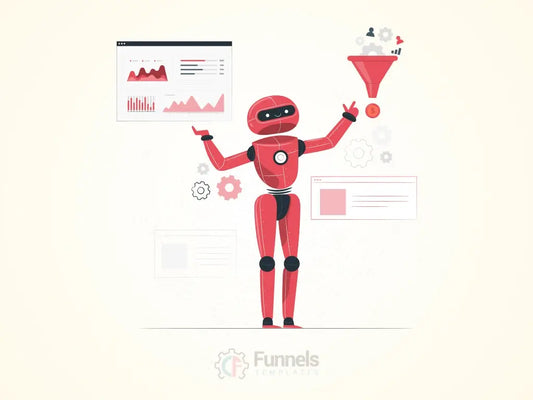 an AI robot holding a funnel and data, symbolizing the role of artificial intelligence in automating and optimizing funnel development.