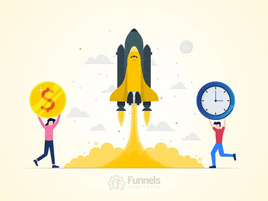 Illustration of a rocket launching with two marketers holding a lightbulb and a clock, symbolizing launching funnels quickly without spending too much time or money.