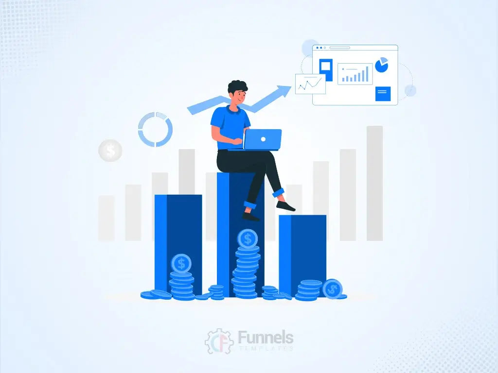Illustration of marketer building data charts and analytics dashboard to increase landing page conversions using animations - CF Funnel Templates