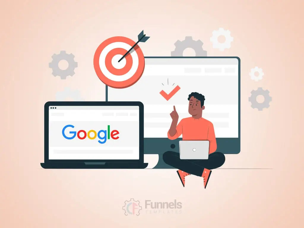 marketer aiming a website traffic arrow at a target labeled "SEO," symbolizing the goal of increasing Google website hits.