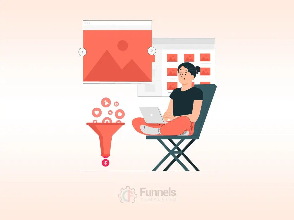 Illustration of a professional analyzing a digital funnel design on a screen.