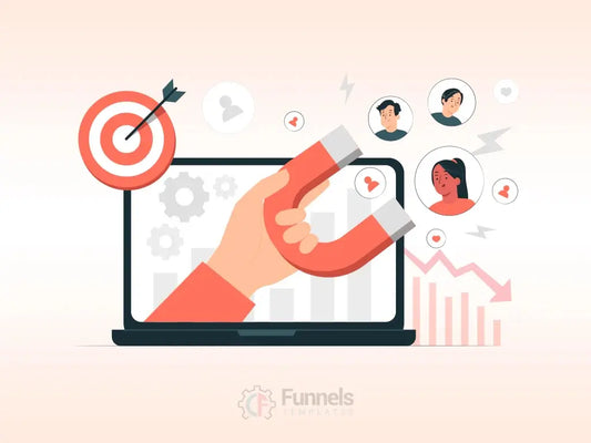 Illustration of a hand holding a magnet to attract leads (people icons) toward a target with a sales chart showing a decline, symbolizing generating sales despite a recession.