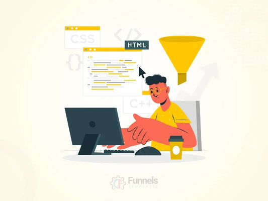a developer working on a laptop with HTML code snippets and funnel icons, symbolizing the creation of high-quality HTML funnel templates.