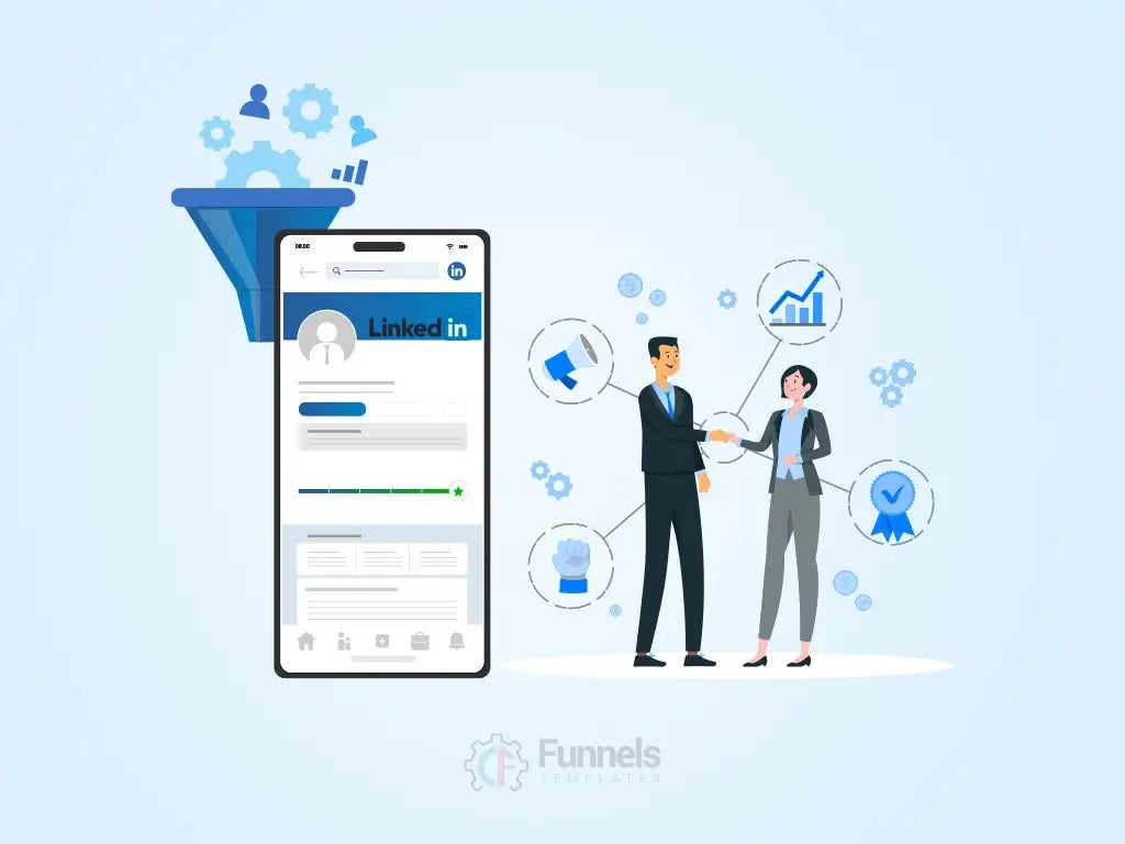 two business professionals standing by a phone displaying a LinkedIn profile, symbolizing the use of the platform for B2B lead generation funnels.