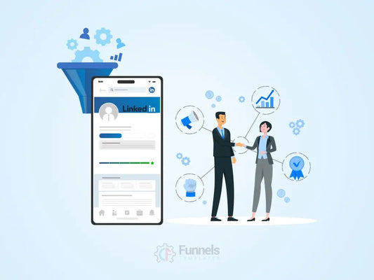 two business professionals standing by a phone displaying a LinkedIn profile, symbolizing the use of the platform for B2B lead generation funnels.