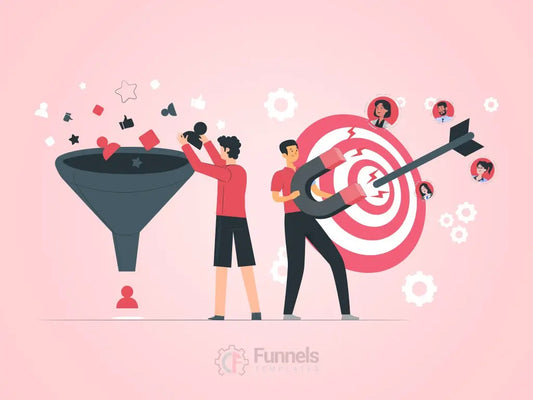 illustration of a marketer using social media icons (like a heart and arrow) to direct high-quality traffic into a sales funnel for lead generation.