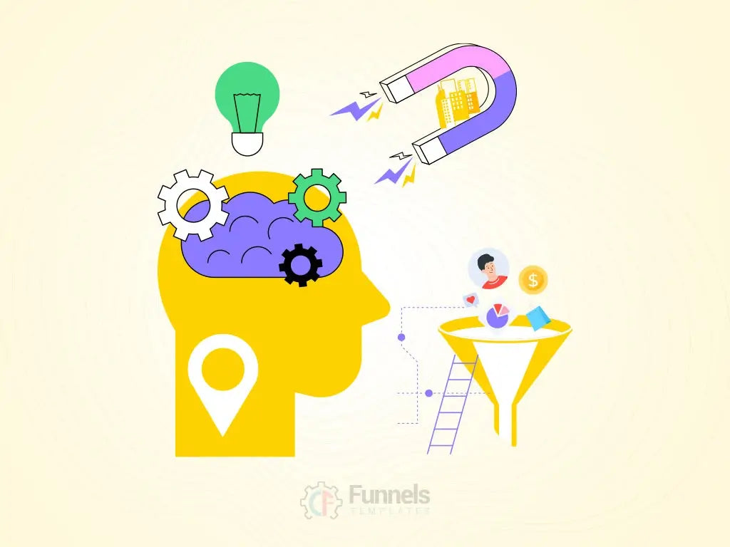illustration of a brain with sales icons, symbolizing the mental processes and consumer psychology that influence buying decisions in a sales funnel.