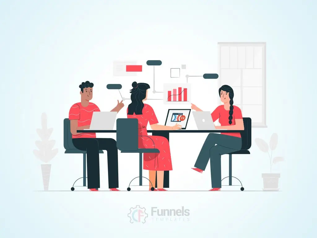 three business professionals discussing a tablet with a design on it, symbolizing a team choosing a top ClickFunnels template development company.