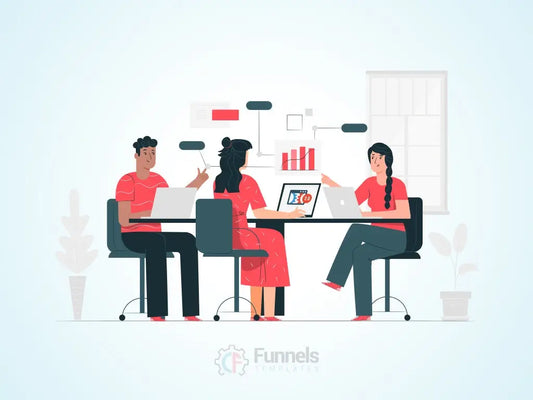 three business professionals discussing a tablet with a design on it, symbolizing a team choosing a top ClickFunnels template development company.