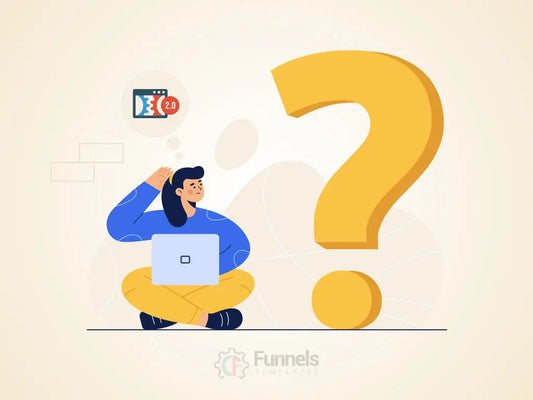 Cartoon illustration of a man with a laptop sitting next to a giant question mark, representing a business owner seeking answers about sales funnels