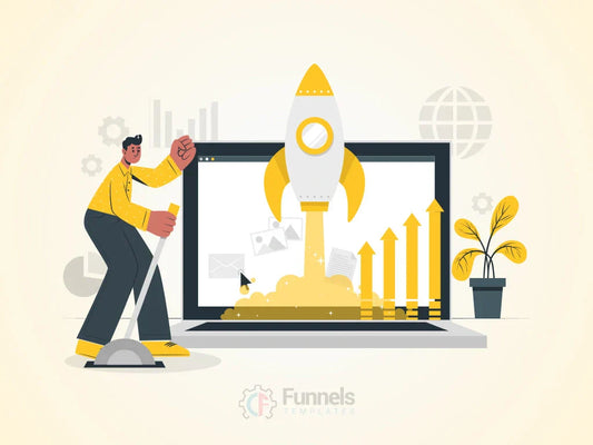 Illustration of a marketer reviewing growth charts and launching a startup concept, representing businesses you can launch using CFFunnelTemplates.