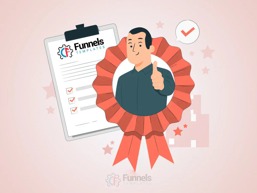 Illustration of a marketer holding a checklist surrounded by funnel icons, representing why CFFunnelTemplates is the best marketplace for ClickFunnels templates.