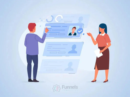Illustration of two business professionals reviewing online profiles, representing the importance of hiring a ClickFunnels expert to build and optimize sales funnels.