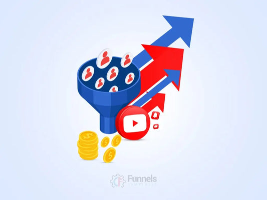 illustration of a business person standing next to a YouTube video player and a sales funnel, symbolizing the strategy of using YouTube for marketing and subscriber growth.