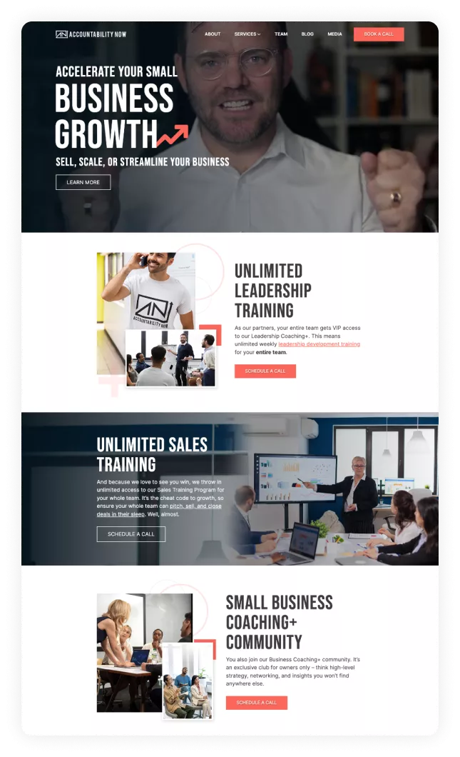 Homepage screenshot of the redesigned Accountability Now website featuring the hero section ‘Accelerate Your Small Business Growth,’ leadership training, sales training, and small business coaching service overviews.